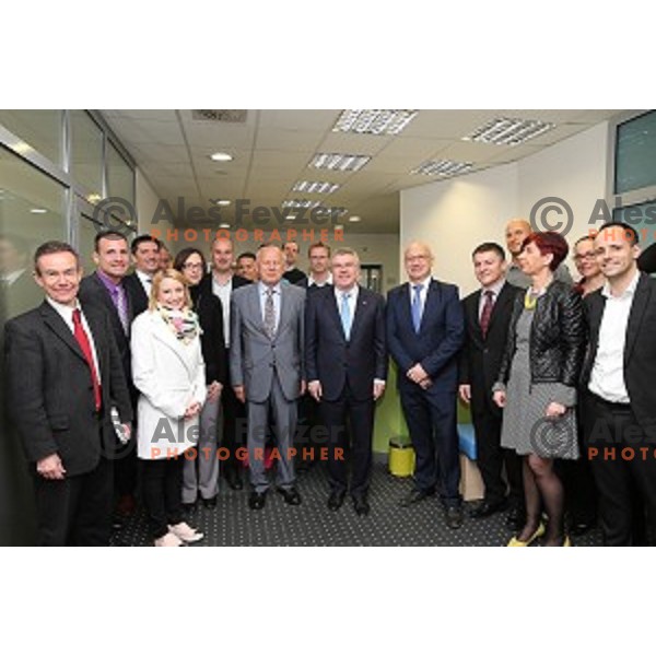 Thomas Bach, president of MOK and Bogdan Gabrovec, president of OKS with staff after opening of Slovenian Olympic educational centre in BTC city, Ljubljana on April 15, 2016