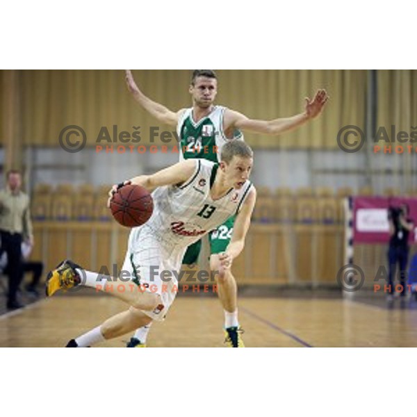 Miha Lapornik and Luka Lapornik in action in Nova KBM league basketball match between Union Olimpija and Krka in Tivoli Hall, Ljubljana, Slovenia on April 11, 2016