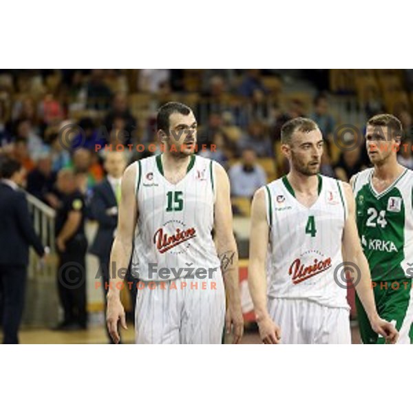 action in Nova KBM league basketball match between Union Olimpija and Krka in Tivoli Hall, Ljubljana, Slovenia on April 11, 2016