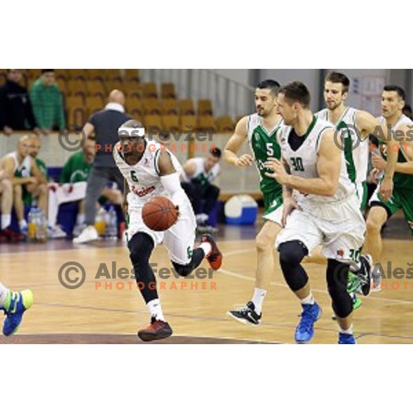 action in Nova KBM league basketball match between Union Olimpija and Krka in Tivoli Hall, Ljubljana, Slovenia on April 11, 2016