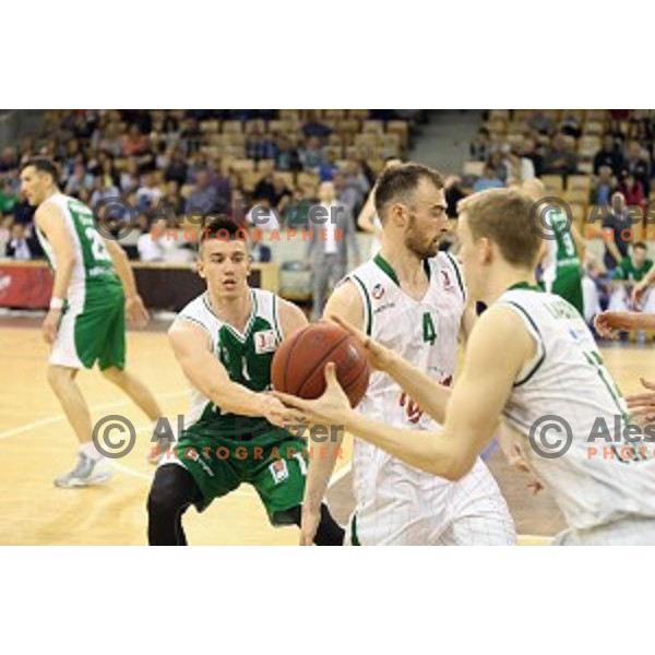 action in Nova KBM league basketball match between Union Olimpija and Krka in Tivoli Hall, Ljubljana, Slovenia on April 11, 2016