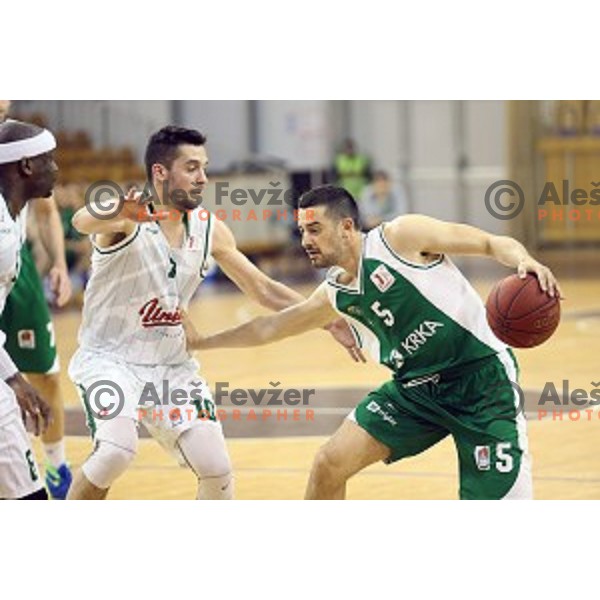 Mitja Nikolic and Stefan Sinovec in action in Nova KBM league basketball match between Union Olimpija and Krka in Tivoli Hall, Ljubljana, Slovenia on April 11, 2016