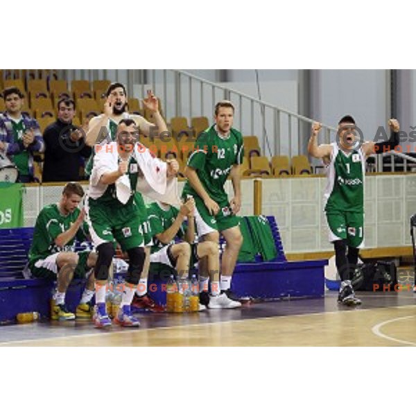 Ive Ivanov, Imran Polutak, Matic Rebec action in Nova KBM league basketball match between Union Olimpija and Krka in Tivoli Hall, Ljubljana, Slovenia on April 11, 2016