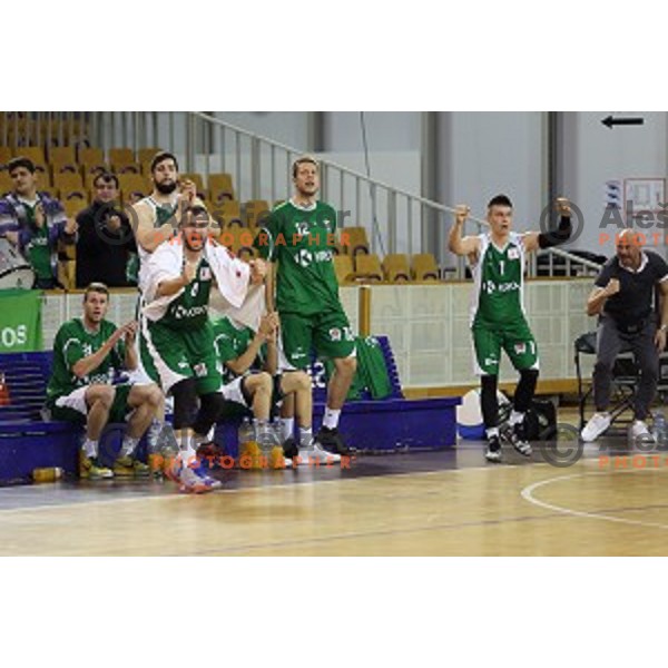 Ive Ivanov, Imran Polutak, Matic Rebec action in Nova KBM league basketball match between Union Olimpija and Krka in Tivoli Hall, Ljubljana, Slovenia on April 11, 2016