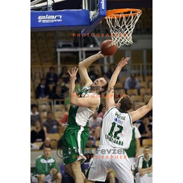 Jure Lalic in action in Nova KBM league basketball match between Union Olimpija and Krka in Tivoli Hall, Ljubljana, Slovenia on April 11, 2016