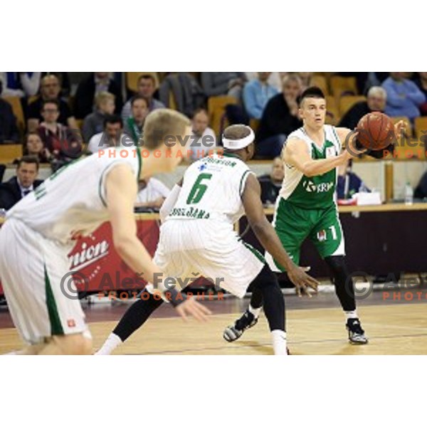 Matic Rebec in action in Nova KBM league basketball match between Union Olimpija and Krka in Tivoli Hall, Ljubljana, Slovenia on April 11, 2016