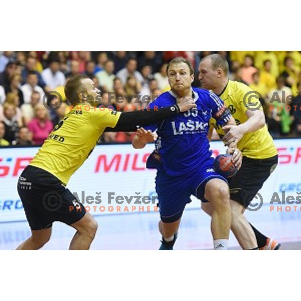 Ziga Mlakar in action during 1.NLB leasing league handball match between Gorenje Velenje and Celje Pivovarna Lasko in Red Hall, Velenje, Slovenia on May 11, 2016