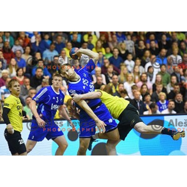 Ziga Mlakar in action during 1.NLB leasing league handball match between Gorenje Velenje and Celje Pivovarna Lasko in Red Hall, Velenje, Slovenia on May 11, 2016