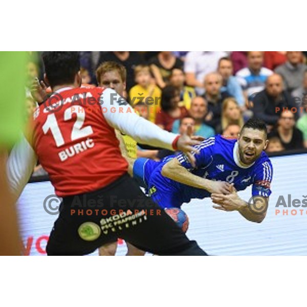Blaz Janc in action during 1.NLB leasing league handball match between Gorenje Velenje and Celje Pivovarna Lasko in Red Hall, Velenje, Slovenia on May 11, 2016