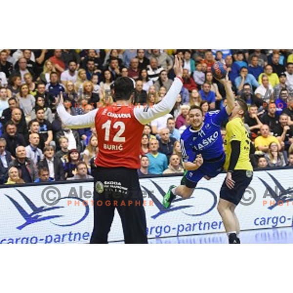 Gal Marguc in action during 1.NLB leasing league handball match between Gorenje Velenje and Celje Pivovarna Lasko in Red Hall, Velenje, Slovenia on May 11, 2016