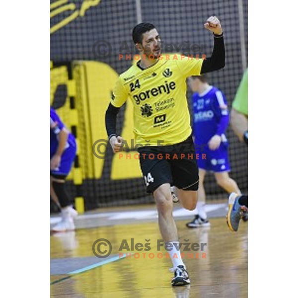 Mario Sostaric in action during 1.NLB leasing league handball match between Gorenje Velenje and Celje Pivovarna Lasko in Red Hall, Velenje, Slovenia on May 11, 2016