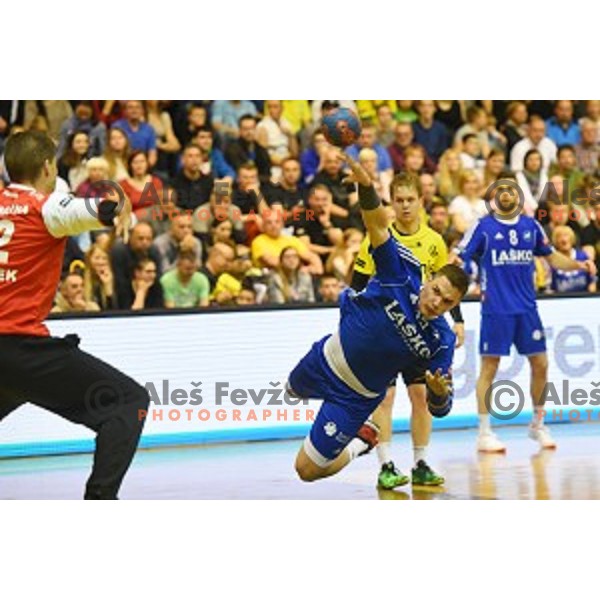 Vid Poteko in action during 1.NLB leasing league handball match between Gorenje Velenje and Celje Pivovarna Lasko in Red Hall, Velenje, Slovenia on May 11, 2016