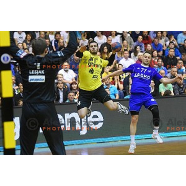 Mario Sostaric in action during 1.NLB leasing league handball match between Gorenje Velenje and Celje Pivovarna Lasko in Red Hall, Velenje, Slovenia on May 11, 2016