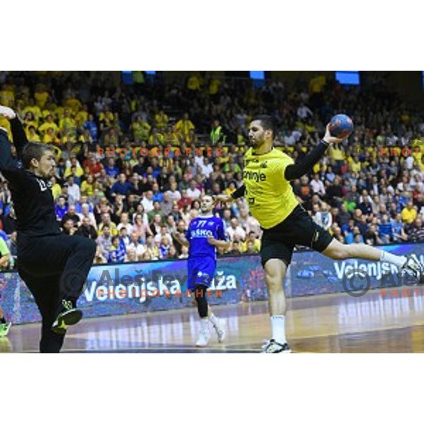 Mario Sostaric in action during 1.NLB leasing league handball match between Gorenje Velenje and Celje Pivovarna Lasko in Red Hall, Velenje, Slovenia on May 11, 2016