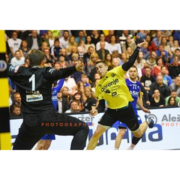 Nejc Cehte in action during 1.NLB leasing league handball match between Gorenje Velenje and Celje Pivovarna Lasko in Red Hall, Velenje, Slovenia on May 11, 2016