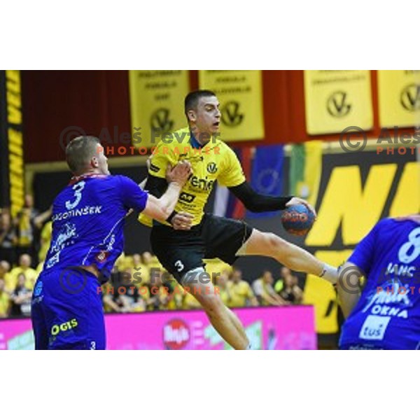 Nejc Cehte in action during 1.NLB leasing league handball match between Gorenje Velenje and Celje Pivovarna Lasko in Red Hall, Velenje, Slovenia on May 11, 2016