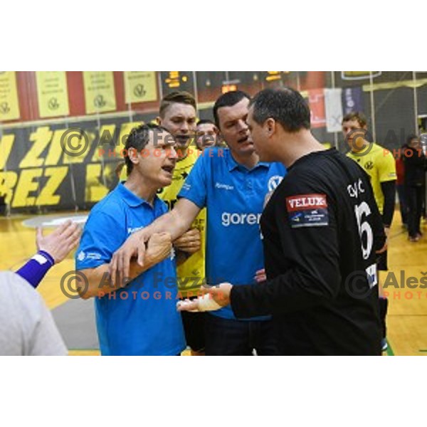 Marko Sibila and Ivan Gajic in action during 1.NLB leasing league handball match between Gorenje Velenje and Celje Pivovarna Lasko in Red Hall, Velenje, Slovenia on May 11, 2016