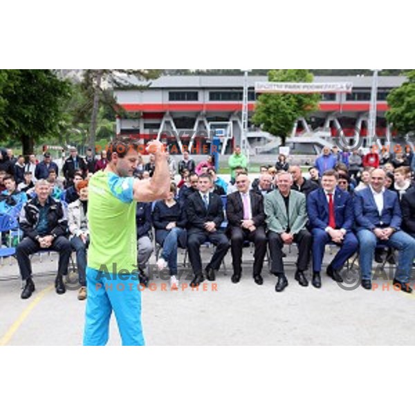 Gymnast Mitja Petkovsek performs at Opening of Podmezakla Sports Park recreational poligon in Jesenice, Slovenia on May 13, 2016