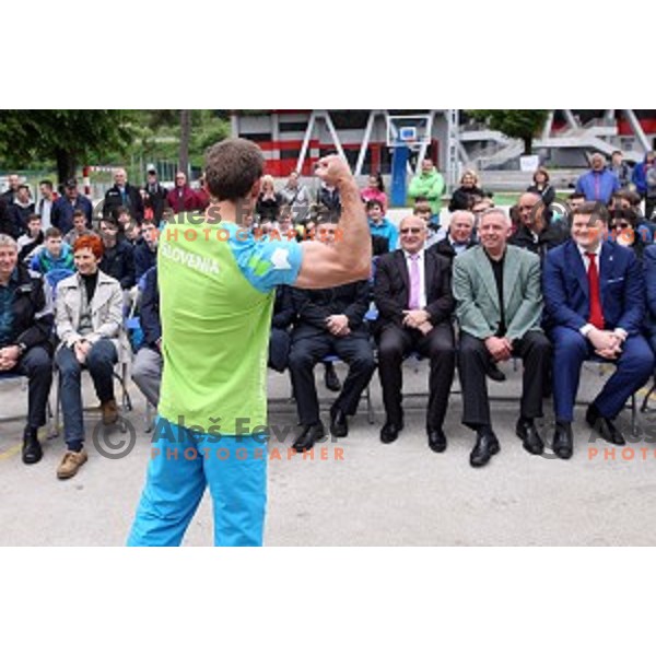 Gymnast Mitja Petkovsek performs at Opening of Podmezakla Sports Park recreational poligon in Jesenice, Slovenia on May 13, 2016