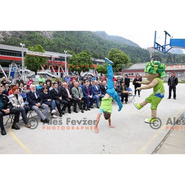 Gymnast Mitja Petkovsek performs at Opening of Podmezakla Sports Park recreational poligon in Jesenice, Slovenia on May 13, 2016