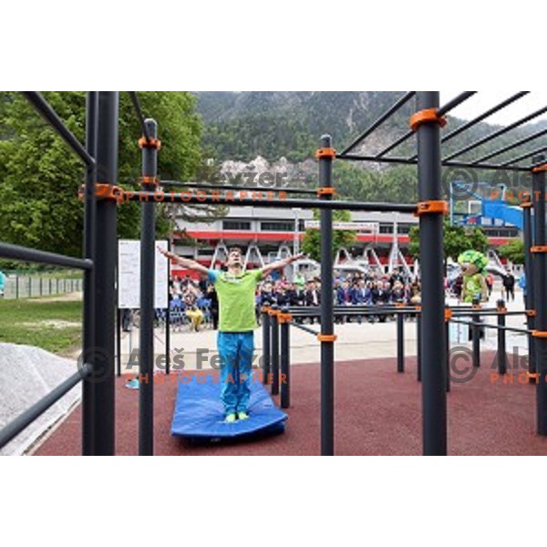 Gymnast Mitja Petkovsek performs at Opening of Podmezakla Sports Park recreational poligon in Jesenice, Slovenia on May 13, 2016