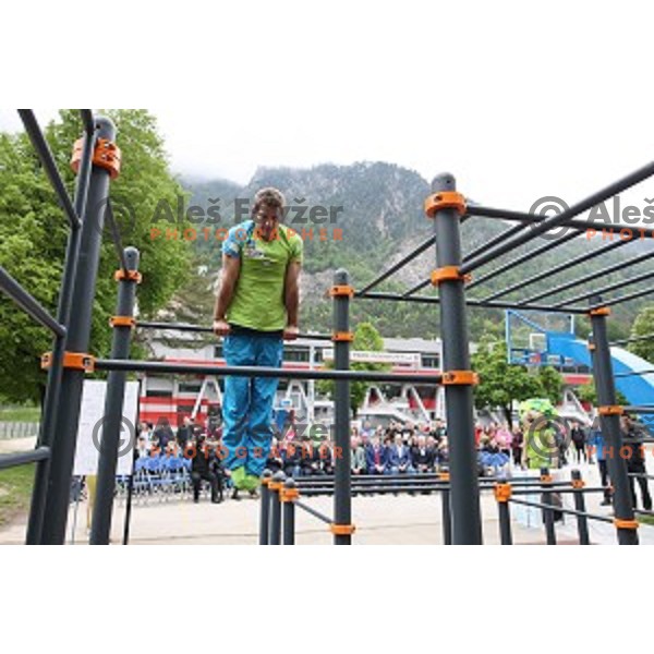 Gymnast Mitja Petkovsek performs at Opening of Podmezakla Sports Park recreational poligon in Jesenice, Slovenia on May 13, 2016