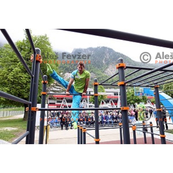 Gymnast Mitja Petkovsek performs at Opening of Podmezakla Sports Park recreational poligon in Jesenice, Slovenia on May 13, 2016