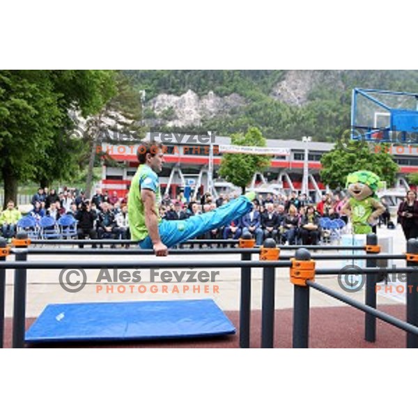 Gymnast Mitja Petkovsek performs at Opening of Podmezakla Sports Park recreational poligon in Jesenice, Slovenia on May 13, 2016