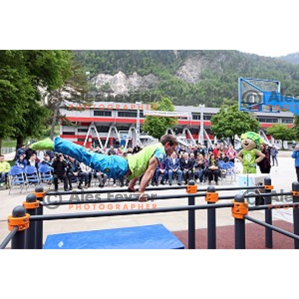Gymnast Mitja Petkovsek performs at Opening of Podmezakla Sports Park recreational poligon in Jesenice, Slovenia on May 13, 2016