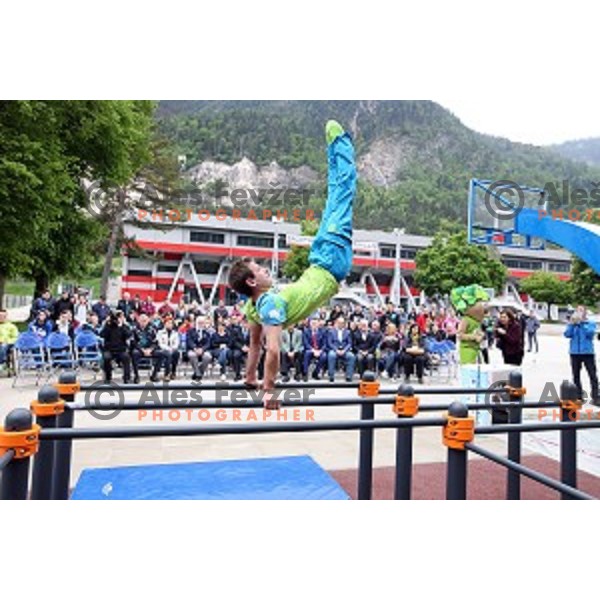 Gymnast Mitja Petkovsek performs at Opening of Podmezakla Sports Park recreational poligon in Jesenice, Slovenia on May 13, 2016