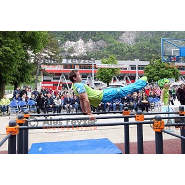 Gymnast Mitja Petkovsek performs at Opening of Podmezakla Sports Park recreational poligon in Jesenice, Slovenia on May 13, 2016