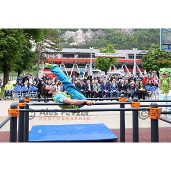 Gymnast Mitja Petkovsek performs at Opening of Podmezakla Sports Park recreational poligon in Jesenice, Slovenia on May 13, 2016
