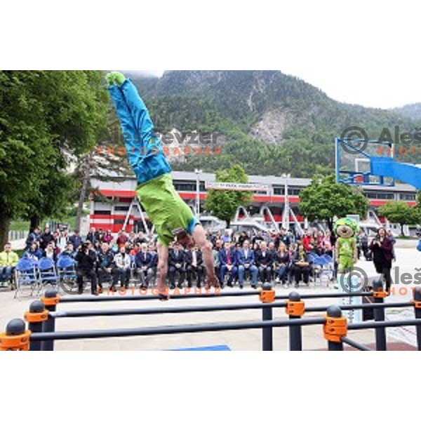 Gymnast Mitja Petkovsek performs at Opening of Podmezakla Sports Park recreational poligon in Jesenice, Slovenia on May 13, 2016