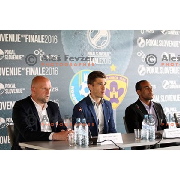 Robert Pevnik, Blaz Vrhovec of Celje and Marcos Tavares of Maribor during Press conference before Final of Slovenian Cup in National Football Centre in Predoslje on May 23, 2016