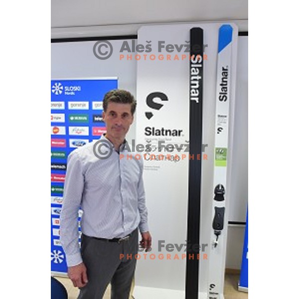 Peter Slatnar during press conference in Ljubljana, Slovenia on May 26, 2016 where he presented new ski jumping skis for next season