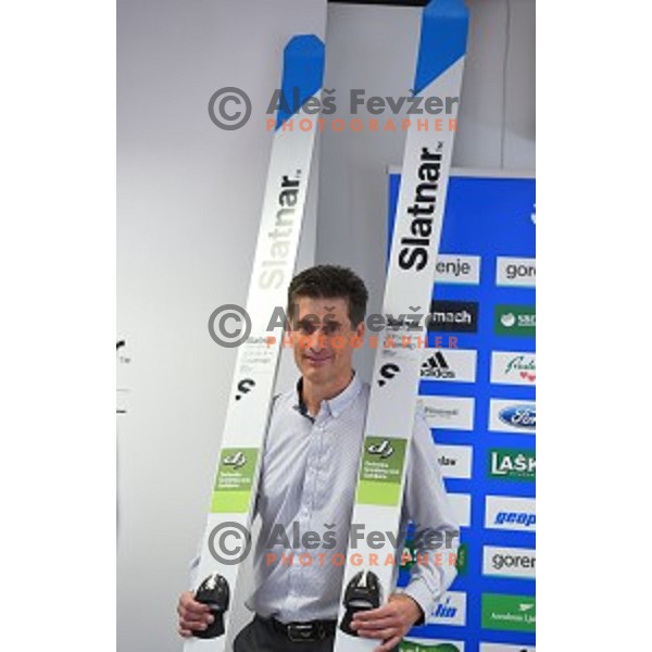 Peter Slatnar during press conference in Ljubljana, Slovenia on May 26, 2016 where he presented new ski jumping skis for next season