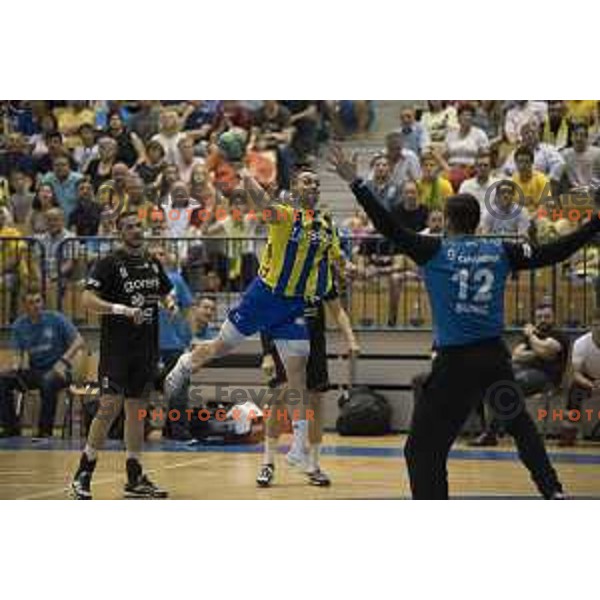 Celje\'s left wing Luka Zvizej (77) in action during the match of 1.NLB leasing league between Celje pivovarna Lasko and Gorenje Velenje, Zlatorog hall, Celje, Slovenia on May 27th, 2016