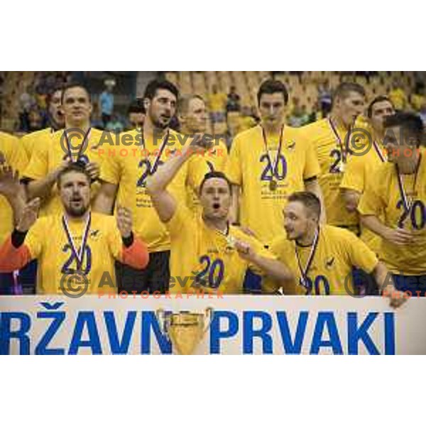 Players celebrate after winning last match of 1.NLB leasing league between Celje pivovarna Lasko and Gorenje Velenje, Zlatorog hall, Celje, Slovenia on May 27th, 2016