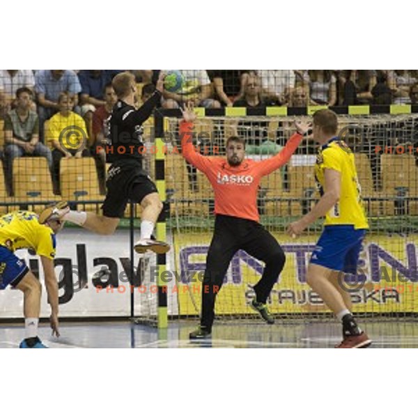 Celje\'s goalkeeper Urban Lesjak (1) and Gorenje\'s left wing Niko Medved (5) in action during 1.NLB leasing league between Celje pivovarna Lasko and Gorenje Velenje, Zlatorog hall, Celje, Slovenia on May 27th, 2016