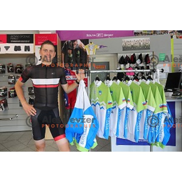 Matej Mohoric tries Slovenia Olympic cycling jersey in Zolna Sport, Ljubljana on June 3, 2016