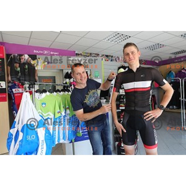 Boris Premuzic and Matej Mohoric tries Slovenia Olympic cycling jersey in Zolna Sport, Ljubljana on June 3, 2016