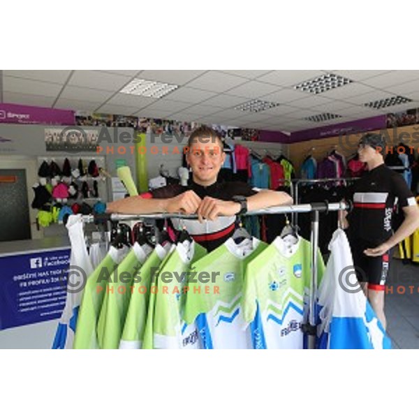 Matej Mohoric tries Slovenia Olympic cycling jersey in Zolna Sport, Ljubljana on June 3, 2016