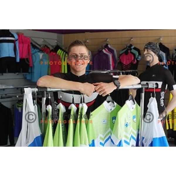 Matej Mohoric tries Slovenia Olympic cycling jersey in Zolna Sport, Ljubljana on June 3, 2016