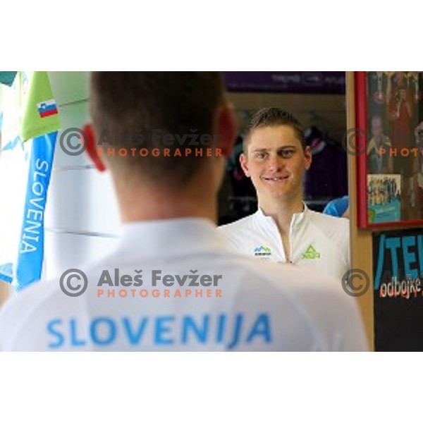 Matej Mohoric tries Slovenia Olympic cycling jersey in Zolna Sport, Ljubljana on June 3, 2016