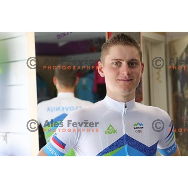 Matej Mohoric tries Slovenia Olympic cycling jersey in Zolna Sport, Ljubljana on June 3, 2016