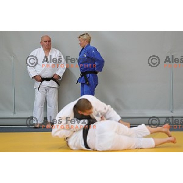 Marjan Fabjan, head coach of Slovenia judo team and Urska Zolnir during practice session before European Judo Celje-Podcetrtek Cup in Podcetrtek, Slovenia on June 7, 2016