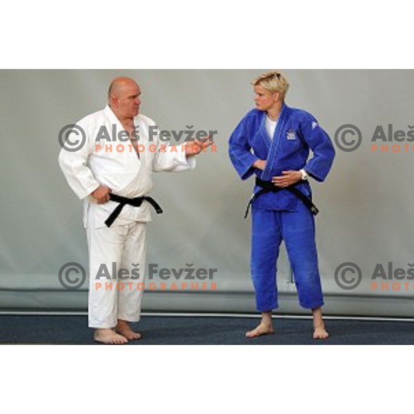 Marjan Fabjan, head coach of Slovenia judo team and Urska Zolnir during practice session before European Judo Celje-Podcetrtek Cup in Podcetrtek, Slovenia on June 7, 2016