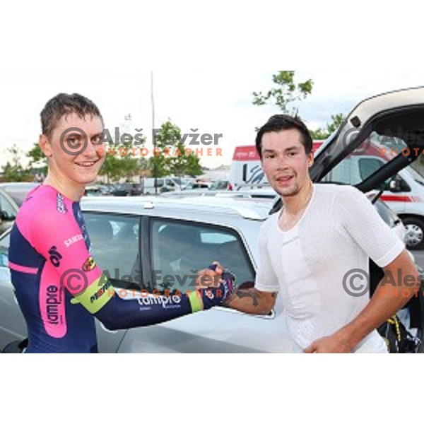 Matej Mohoric of Lampre Merida and Primoz Roglic of lotto Jumbo during Slovenian National Time Trial Championships at 35. Maraton Franja BTC City in Ljubljana, Slovenia on June 10, 2016