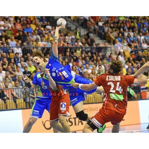 Jure Dolenec of Slovenia in action during handball match between Slovenia and Norway in Qualification for World Championships France 2017, played in Zlatorog Hall, Celje, Slovenia on June 11, 2016