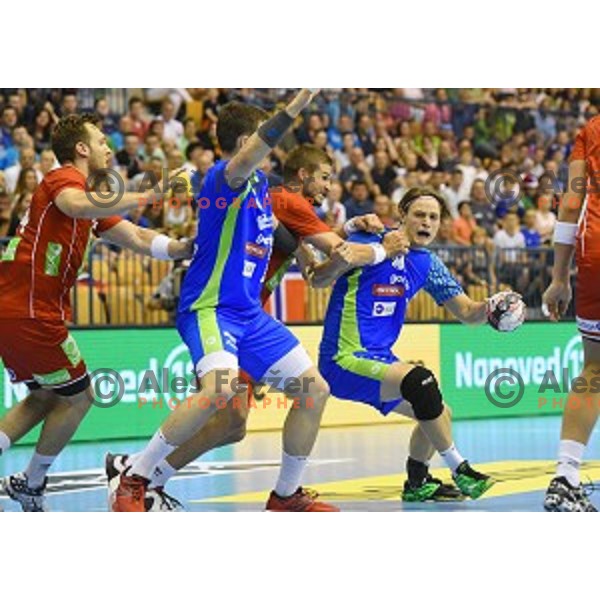 Jure Dolenec of Slovenia in action during handball match between Slovenia and Norway in Qualification for World Championships France 2017, played in Zlatorog Hall, Celje, Slovenia on June 11, 2016